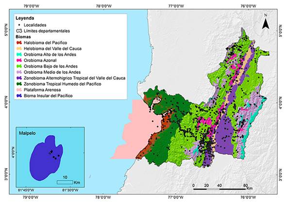 Biomas presentes en el departamento del Valle del Cauca, Colombia. Los puntos negros representan las localidades con registros de avifauna incluidas en los an&aacute;lisis de representatividad. (La posici&oacute;n de la isla Malpelo se ha modificado por la escala empleada).