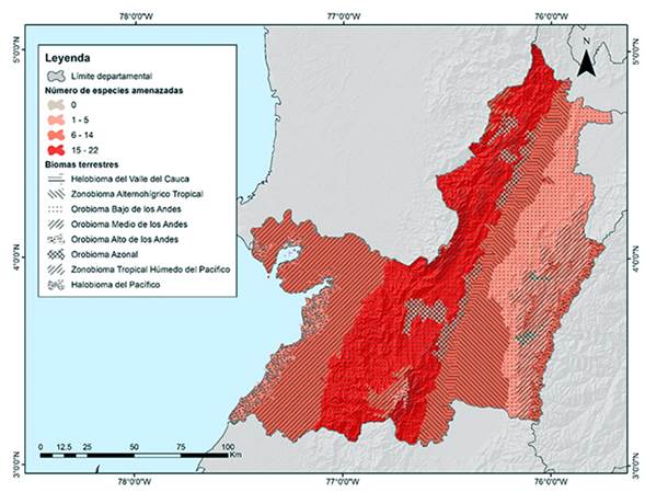 N&uacute;mero de especies de aves en riesgo a nivel nacional presentes en los biomas terrestres del Valle del Cauca, Colombia. Los biomas de las cordilleras Central y Occidental se separaron por laderas.