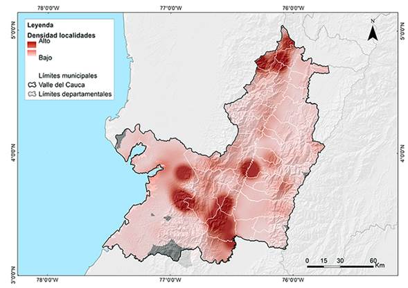 Mapa de an&aacute;lisis de densidad de localidades con registros de aves en el departamento del Valle del Cauca, Colombia, con el modelo de Kernel. Los colores oscuros representan &aacute;reas con mayor densidad de localidades, las &aacute;reas en gris indican valores iguales a cero.