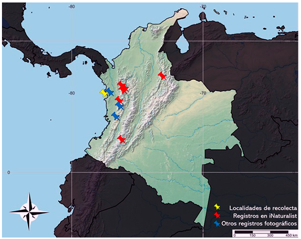 Registros de Podalia orsilochus en Colombia. Mapa realizado con Simplemappr (https://www.simplemappr.net/).