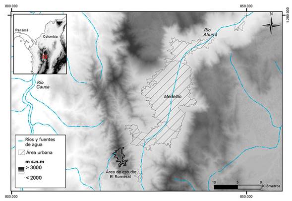 Ubicaci&oacute;n del &aacute;rea de muestreo de mariposas diurnas (Lepidoptera: Papilionoidea) en la reserva Forestal El Romeral, Suroccidente del valle de Aburr&aacute;, Antioquia, Colombia.