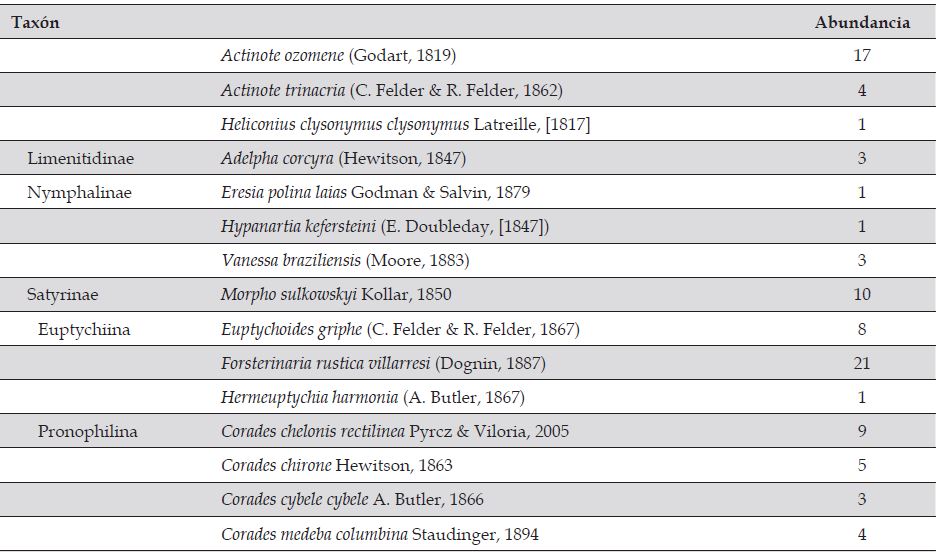 Especies de mariposas y sus abundancias reportadas en la reserva forestal El Romeral, Suroccidente del Valle de Aburr&aacute;, Antioquia - Colombia