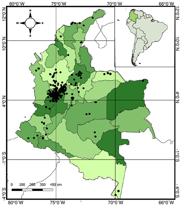 Localidades de los registros de la colecci&oacute;n de Mam&iacute;feros del Museo de Historia Natural de la Universidad de Caldas en 21 departamentos de Colombia.