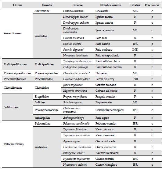 Lista de especies de aves acuáticas registradas entre 2009 y 2016 en el bajo río Sinú, Caribe colombiano. El asterisco corresponde a especies adicionadas a la lista de Estela & López-Victoria (2005). Estatus migratorio: INR, invernante no reproductivo; IPR, invernante con poblaciones reproductivas; ML, migratoria local; R, residente. Frecuencia: c, común; r, raro.