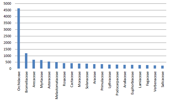 Familias con mayor número de accesiones en la colección viva del Jardín Botánico de Bogotá, Colombia.