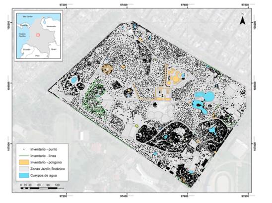 Mapa de accesiones registradas en el Jardín Botánico de Bogotá, Colombia. El inventario se realizó tomando datos geográficos de acuerdo con la forma de crecimiento de la planta, en entidades tipo punto, línea y polígono