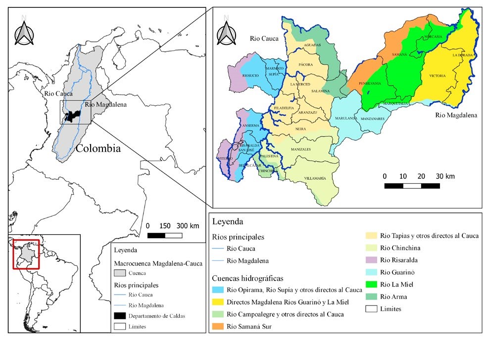 Mapa hidrogr�fico del departamento de Caldas, Colombia donde se destacan las principales cuencas y sistemas acu�ticos que fluyen hacia la macro-cuenca Magdalena-Cauca. Adaptado de CORPOCALDAS (2010)