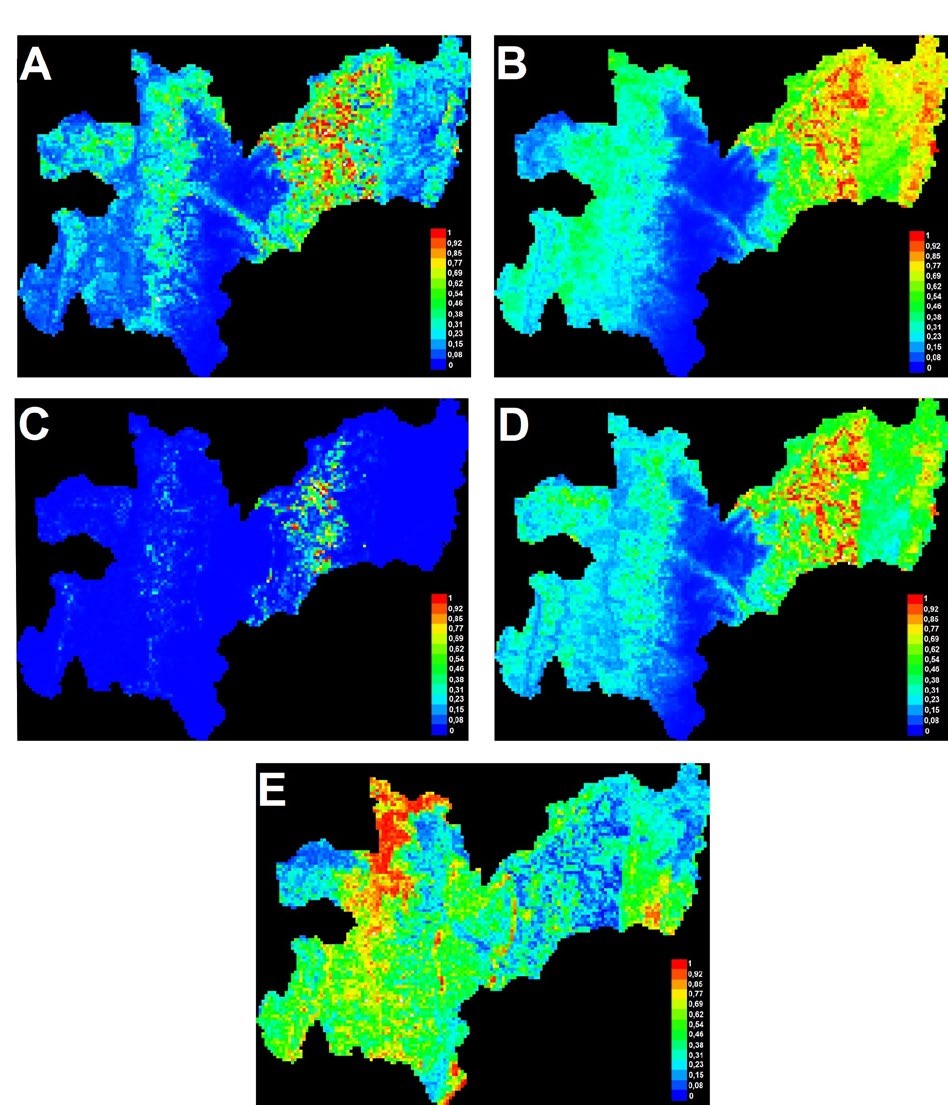 Potential distribution models of freshwater crabs Decapoda Pseudothelphusidae from the department of Caldas Colombia A Hypolobocera bouvieri B Phallangothelphusa dispar C Strengeriana florenciae D Strengeriana maniformis and E Strengeriana fuhrmanni