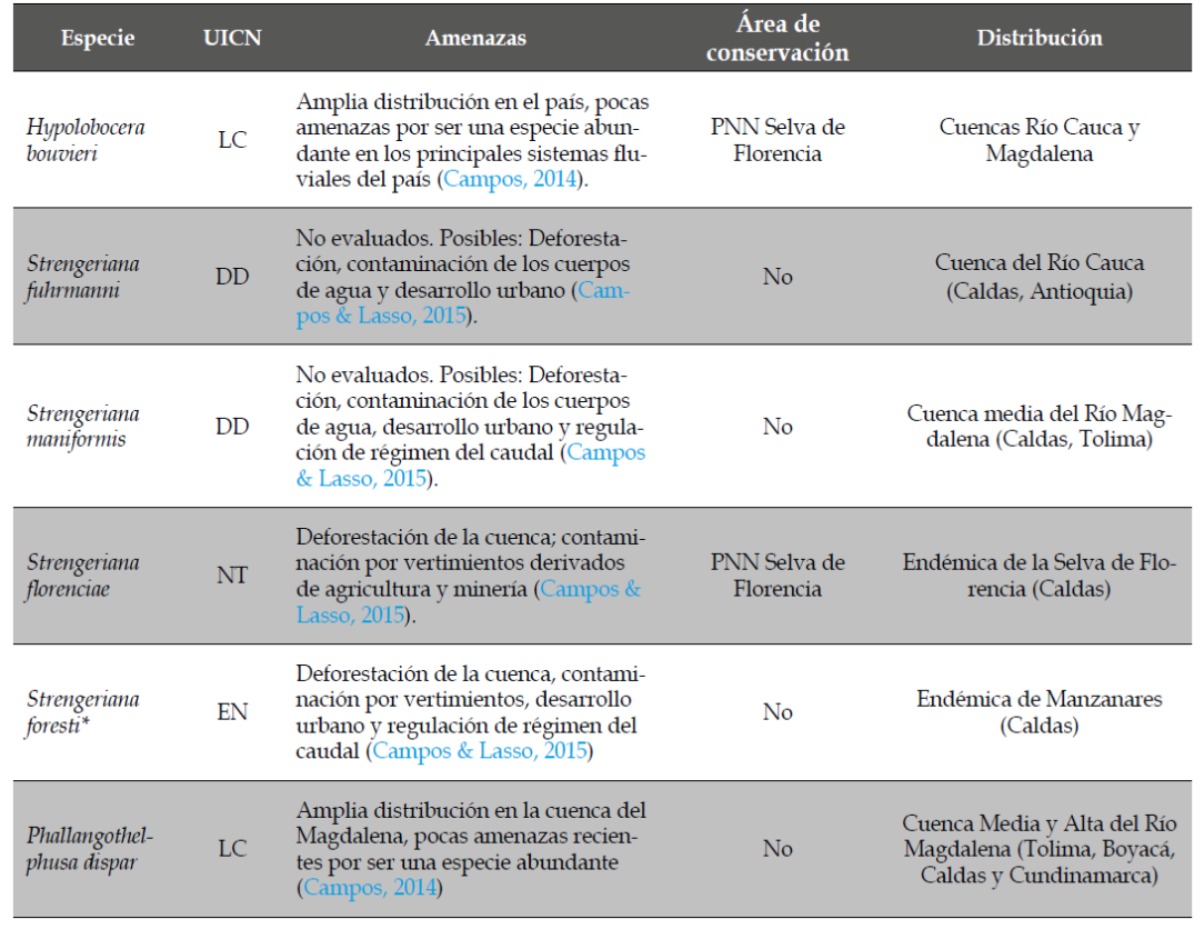 Categor�as de amenaza (criterios de la lista roja de la UICN) para las especies de cangrejos de agua dulce (Decapoda: Pseudothelphusidae) y �reas protegidas con presencia en el departamento de Caldas, Colombia. Informaci�n con base en Campos (2014), Campos & Lasso (2015), Campos & Campos (2020), y Acevedo & Cumberlidge (2021).