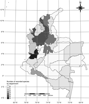 Number of species of Anthribidae recorded in Colombia (by Department).