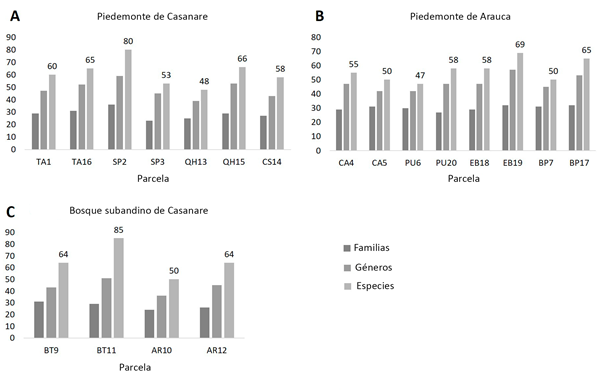 Riqueza de �rboles con DAP &ge; 2,5 cm en parcelas de 1000 m�