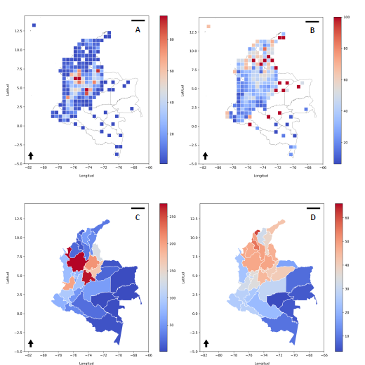 N�mero de especies amenazadas (A y C) y proporci�n sobre el total de las especies evaluadas (B y D).