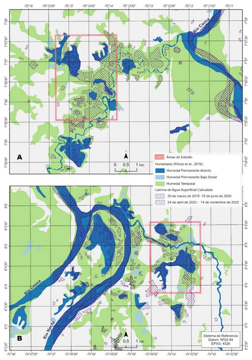 L�mina de agua superficial calculada a partir de datos de SAR Sentinel-1 sobre las categor�as propuestas por Fl�rez et al. (2016)