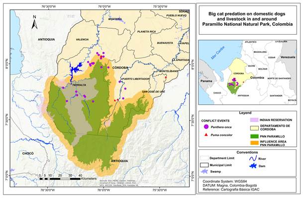 The geographic location of the study area and spatial distribution of depredation between 2007-2022 in Paramillo National Natural Park, Colombia.