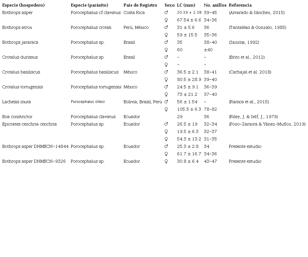 Análisis de longitud (-±) y número de anillos (máx.-min.) del género Porocephalus reportado para América Latina.