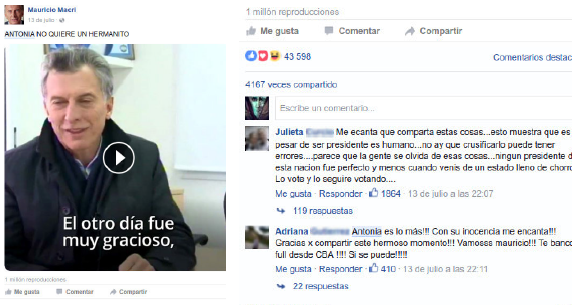 Publicación de Mauricio Macri en su Biografía de Facebook, con extracto de las intervenciones de usuarios.