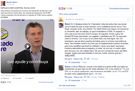 Publicación de Mauricio Macri en su Biografía de Facebook, con extracto de las intervenciones de usuarios.