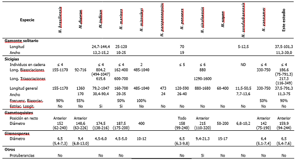 Comparaci&oacute;n entre gregarinas del genero Nematopsis asociadas a hospederos peneideos. Todas las medidas se expresan en &micro;m.