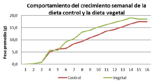 Comportamiento semanal del crecimiento promedio en las piscinas control y vegetal de la Finca 1.