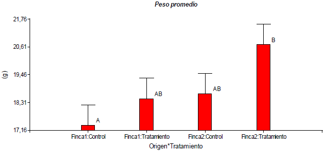 Peso promedio (g) de los camarones en alimentados en las dos fincas con la dieta control y la dieta vegetal (p < 0,005).