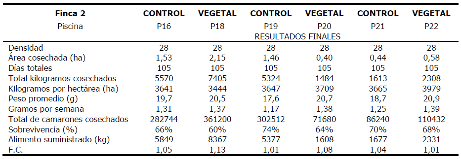 Resultados de los par&aacute;metros productivos en las piscinas de la Finca 2.