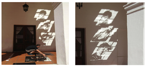 Intervenci&oacute;n
utilizando stencil
sobre espejos, y
proyecci&oacute;n con reflejo de luz solar