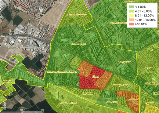Fig. 1. Porcentaje de poblaci&oacute;n extranjera en el distrito de La Chana (Granada)