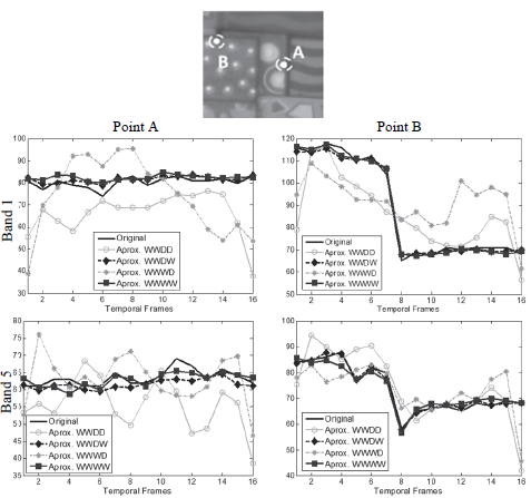 Temporal approximations of two spatial points and two spectral bands using
inverse transformation from the 10% largest coefficients on each basis.
