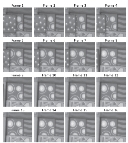 RGB representation of the 16 frames in the test data base. Each frame has
128x128 pixels of spatial resolution and 8 spectral bands.