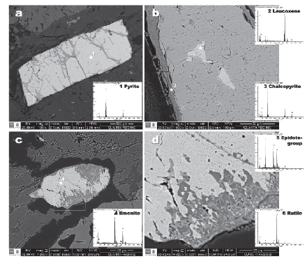 SEM photomicrographs and EDS spectra at the marked stars on the image of the
Fe-Ti oxide mineral phases associated with spessartinetype garnet. The
appearance of C element attributed to the carbon coating on the sample before
SEM analysis.