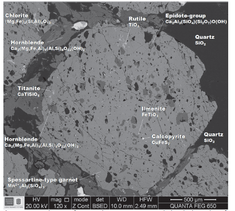 BSE image of spessartine-type garnet. Variation in intensity of grey scale
color shows a rough variation in mineral chemistry. 