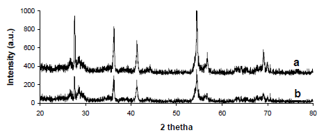 XRD profiles of catalyst (a) fresh and (b) after reaction.