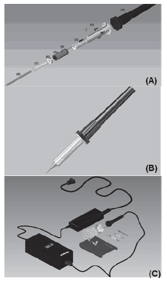 (A) An itemized view of all pieces of the pencil soldering iron, (B) final presentation of the pencil and (C) all the accessories of the soldering iron including its RF generator, AC/DC adapter, station and a lot of tips.