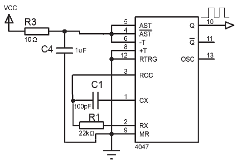 Oscillator circuit of f = 100 kHz using the IC CD4047.
