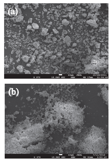 Micrograf&iacute;as obtenidas por MEB para muestras conteniendo 10 % mol de dopado, (a) antes de la molienda y (b) despu&eacute;s de la molienda, ampliaci&oacute;n 370X.