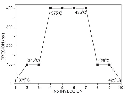 Esquema de las condiciones de reacci&oacute;n a las cuales fueron realizadas las inyecciones de productos en el cromat&oacute;grafo.