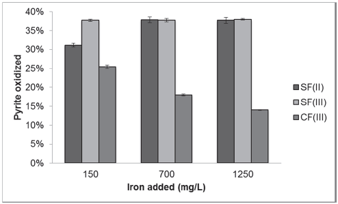 Percentage of pyrite oxidized after coal biodesulfurization processes. SF(II): ferrous sulphate, SF(III): ferric sulphate, CF(III): ferric chloride