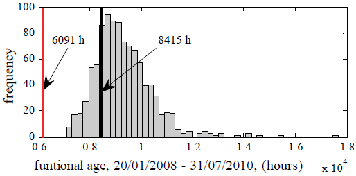 Histogram for functional age of the insulating paper assessed for the period 20.01.2008 - 31.07.2010. The black line indicates the value obtained from available data. The red line indicates the value obtained from the sinusoidal method to reconstruct the ambient temperature curve