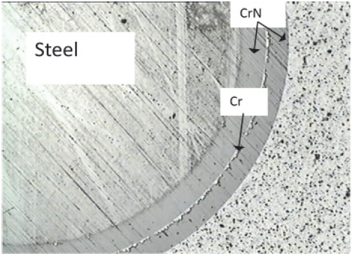 Optical micrograph at 50X of ball crater thickness test for Cr/CrN bilayer coating