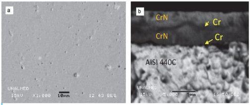 SEM micrographs of Cr/CrN coating. a) Surface. b) Transversal