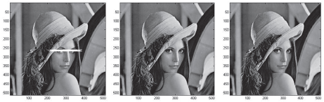 Figure 7(a). Left, Image recovery via LDPC decoding using algorithm 1 with free element F=I (56864 recovered pixels). Figure 7(b)