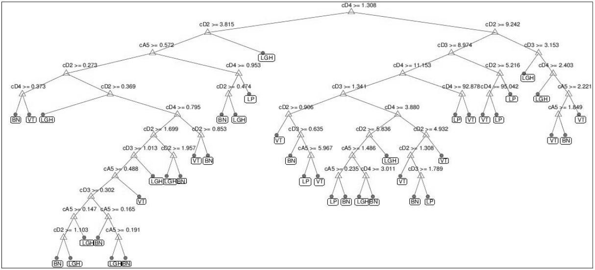 Representaci&oacute;n del &aacute;rbol de decisi&oacute;n de las caracter&iacute;sticas de energ&iacute;a de los coeficientes cA y cD de la matriz W aplicando la MW Sym10.