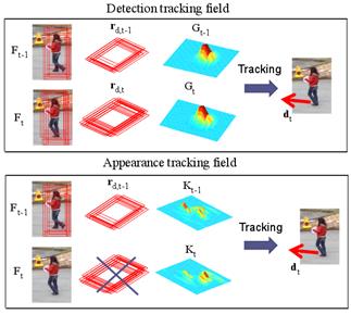 Flow motion vectors dt obtained from probability fields: using detection fields in the upper box, and using appearance fields in the lower box.