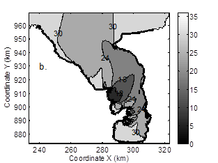Mean surface salinity for different simulation conditions with 2.3 m/s SW winds. (a) Considering Coriolis effect (b) Not considering Coriolis effect. 