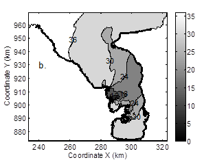 Mean surface salinity for different simulation conditions with 2.3 m/s SW wind. (a) High river discharge (b) Low river discharge. 