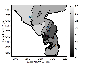 Mean surface salinity with 2.3 m/s SW wind and non-tide.