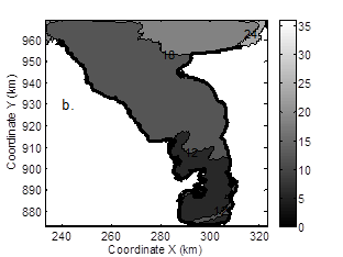 Mean Surface salinity for different simulation conditions. (a) no-wind (b) NW wind.