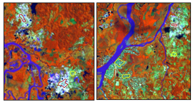 Samples of the thematic classes of Mining (red polygons) and Non-Mining (yellow polygons). Image Landsat 8 LDCM 955 20140617, RGB (5, 6, 4), USGS.
