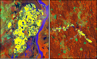 Classification of open-pit mining zones in the study area (yellow polygons), using the Brovey transform in its band 2.
