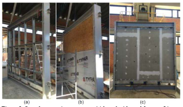 Sample-mounting sequence: (a) board with steel frames, (b) system enclosure (c) sample coupled to the furnace